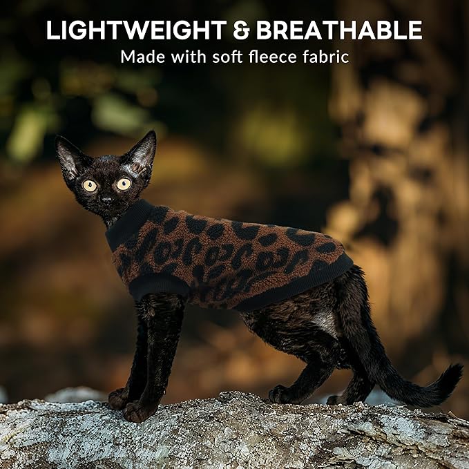 PUMYPOREITY Winter Warm Cat Sweater with Stretch Ribbed Collar & Cuffs, Snug & Secure Fit with Soft Plush Fleece, Easy-On Cat Sweatshirt for Indoor/Outdoor Use,Brown, M