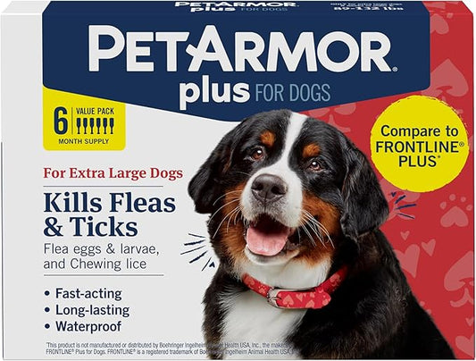 PetArmor Plus Flea and Tick Prevention for Dogs, X-Large Dog Flea and Tick Treatment, 6 Doses, Waterproof Topical, Fast Acting, For X-Large (89-132 lbs)