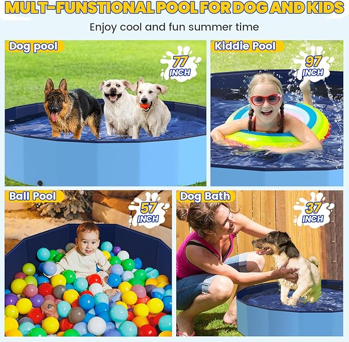 Foldable Pool for Dog and Kids 57" Washing Portable Plastic Tub for Large Dog, Non-Slip Collapsible Kiddie Swimming Wading Pool for Toddler Age 3-5 Outdoor Backyard