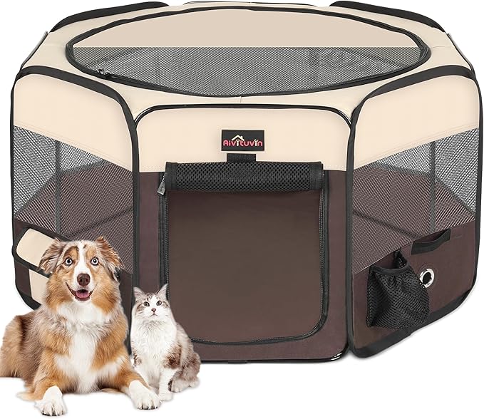 Aivituvin Dog Playpen, Foldable Pet Play Pens with Carrying Bag for Cat, Puppies, Rabbits, Portable Dog Tent Crates Cage for Travel Camping Indoor Outdoor, Removable Shade Cover, Brown S