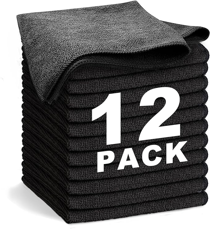 Black Microfiber Cleaning Cloth 13"x13", Ultra Soft Absorbent Microfiber Cleaning Rags for Housekeeping Cleaning Supplies, Lint Free Reusable Cleaning Cloths for House Washable, Pack of 12
