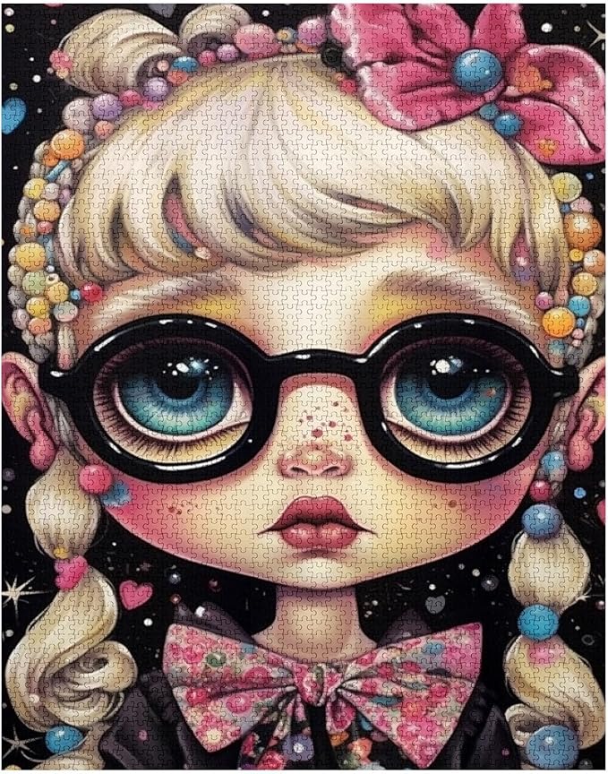 Candy Freckle Girl Jigsaw Puzzle Glasses Doll 1000 Piece Jigsaw Puzzles for Adults Home Decor Family Puzzle Perfect for Game Nights Ideal Gift 20 x 27 Inch