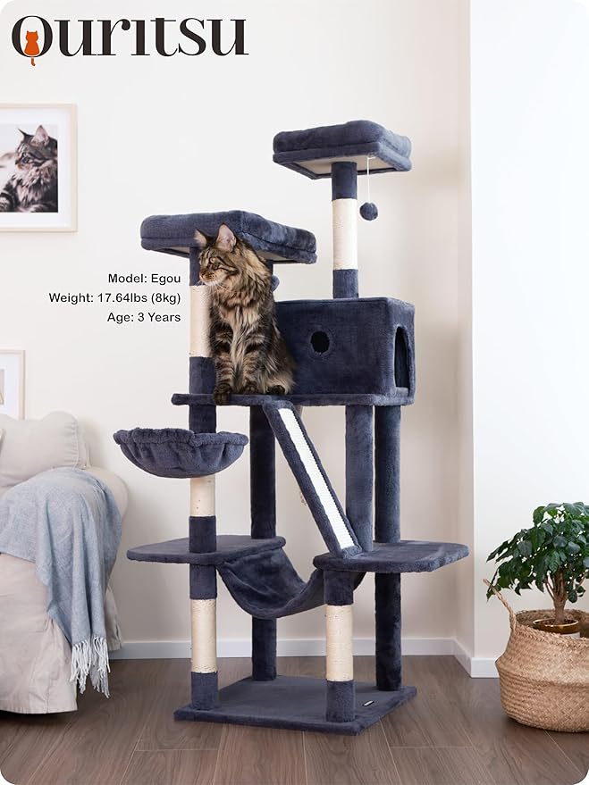 Ouritsu Cat Tree, 61 inch Tall Cat Tower for Large Cat Indoor, Enlarged Condo, 2 Padded Perches with 1 Widened, Large Hammock, Scratching Post and ramp, Fluffy Basket, Dark Gray, LF002DG