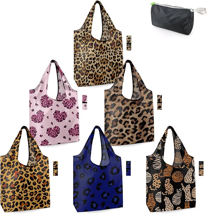 BeeGreen Leopard Print Tote Bag for women Leopard Accessories Cheetah Print Tote Bag Cheetah Gifts Shopping Bags Grocery Bags 6 Pieces