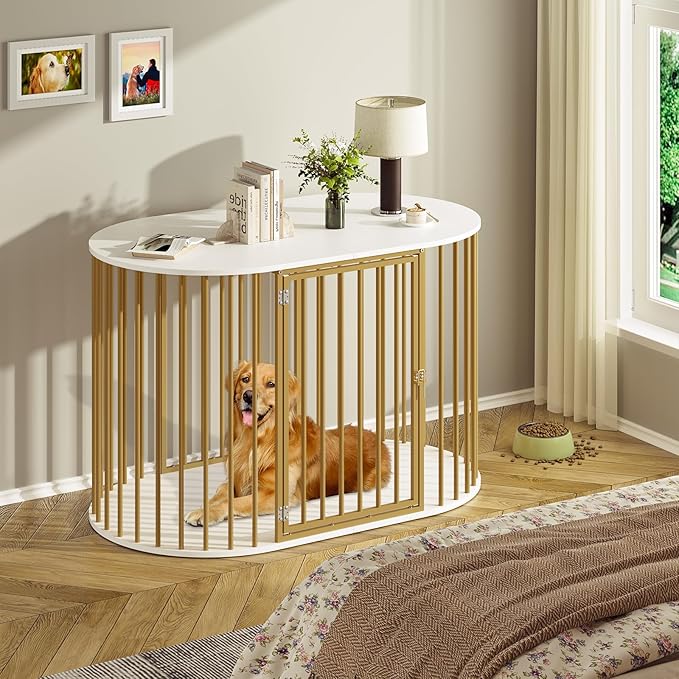 TVU 48 Inch Dog Crate Furniture, Heavy Duty Dog Kennel Indoor for Large Dogs, Oval Decorative Pet House End Table for Living Room, Bedroom, Hallway, 47.2" L x 27.6" W x 31.5" H, White, Gold