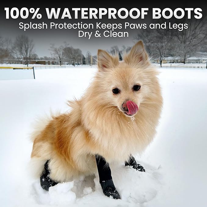 100% Waterproof Dog Boots Connected to Leggings so They Stay on. Easy-On Paw Protectors with an Adjustable fit. Snow & Rain, Anti-Slip Traction, Adjustable Fit, Machine-Washable (Black, Medium)