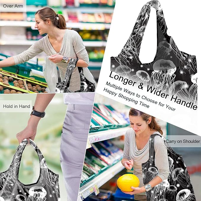 BeeGreen Raccoon Reusable Grocery Bags Frog Elephant Penguin Jellyfish Shopping Bags Bulk 50LBS X-Large Heavy Duty 6 Pieces