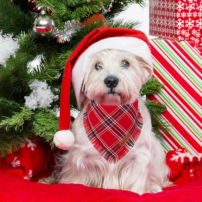ADOGGYGO Christmas Dog Bandanas with Tassels, Stylish Red Green Plaid Dog Scarf Bib, Multiple Sizes, Pet Christmas Bandanas for Small Dogs Puppies (Small)