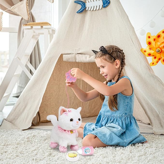 Interactive Electronic Plush Toy Walking and Barking Robot Cat Plush Cat Remote Control Kitten for Girls (White Cat)