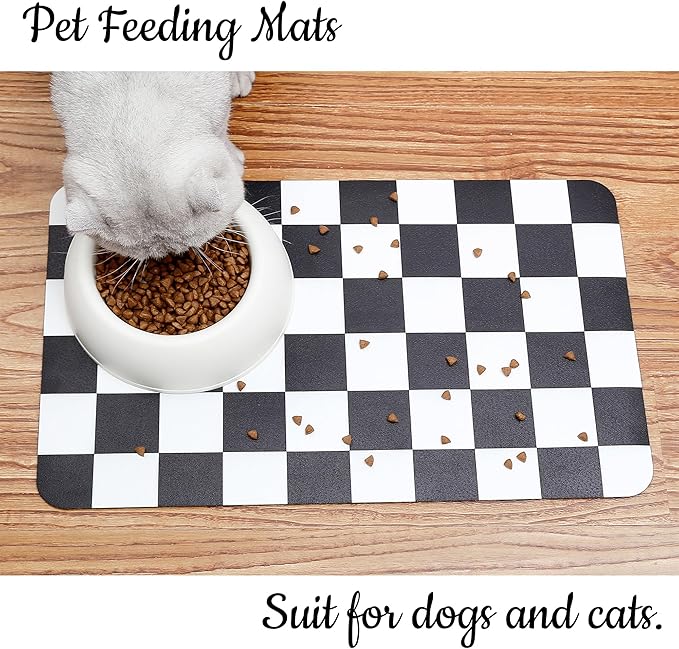 Ralxion Checkered Dog Feeding Mat, Absorbent Mats for Dog Food and Water Bowl, Dispenser, Modern Aesthetic Black White Checkerboard Pet Placemat for Dogs, Cats, Puppy Accessories, 12" X19”