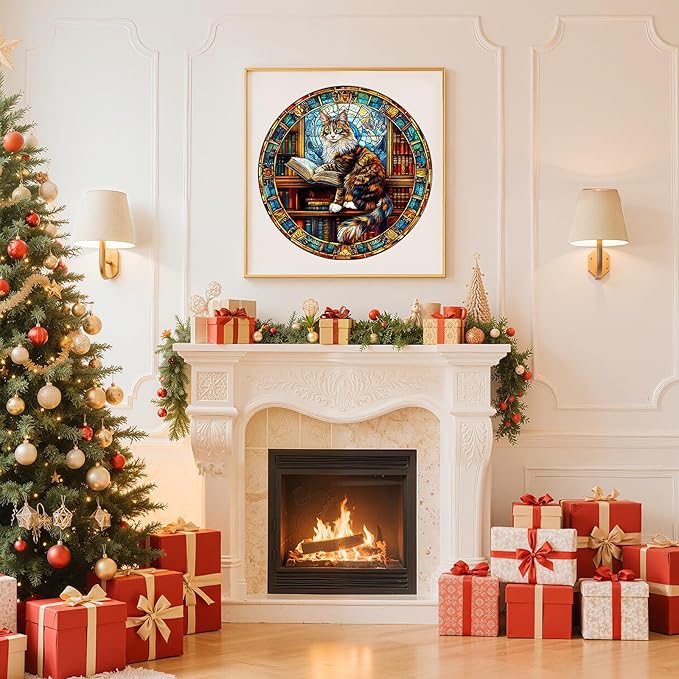 Wooden Puzzles for Adults - Maine Cat Library Wooden Jigsaw Puzzle, Unique Animal Shaped Wood Puzzles Adult, Christmas Birthday Gifts for Friends/Family, Home Decor 11.4 * 11.4in 200pcs