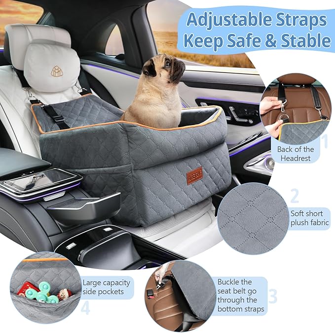 Dog Seat for Small Medium Dogs - 0-35 lbs, Memory Foam Booster Seat with Adjustable Leashes, Elevated Dog Car Travel Bed with Storage Pockets