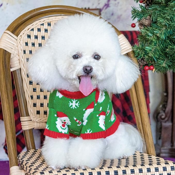 CuteBone Christmas Green Dog Sweater for Small Dogs Santa Claus Knit Turtleneck Pet Winter Clothes Cat Apparel with Harness Hole