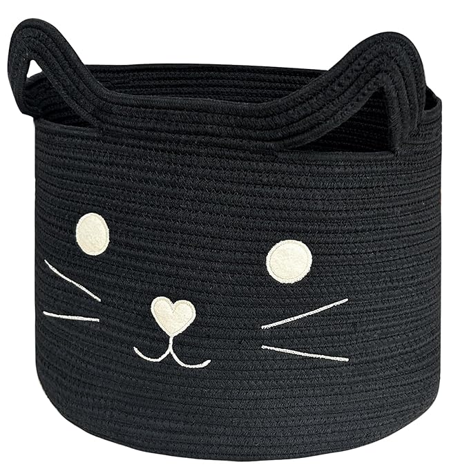 VK VK·LIVING Large Cat Toy Basket with Handles 15" Lx14 H Cotton Rope Toy Box with Black Cat Design, Gift Basket for Laundry, Baby, Towels, Blankets, Woven Cotton Rope Animal Storage Organizer