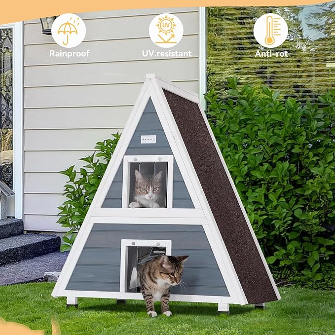 Petsfit Outdoor Cat House Weatherproof 31" Lx20 W x36 H, Two Level Outside Feral Cat House with Escape Door， Indoor Pet House for Small Animal Winter Grey