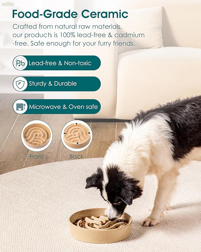 vancasso Slow Feeder Dog Bowl, 3 Cup Ceramic Slow Feeding Food Dish for Large Breed, Puzzle Dog Food Bowl for Fast Eater, Brown