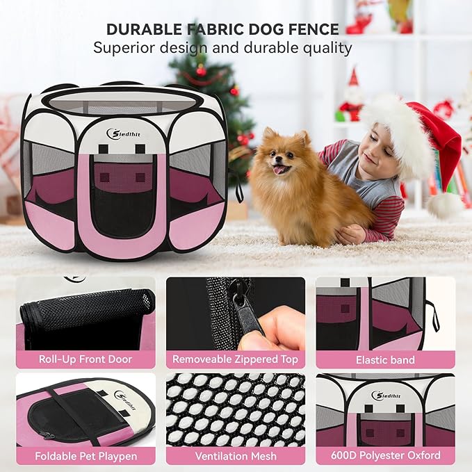 Pink Puppy Playpen for Middle Dog Cat, Dog Tent Crates Cage Indoor/Outdoor, Portable Pop Up Dog Kennel with Carrying Bag for Rabbits, (Pink, Medium)