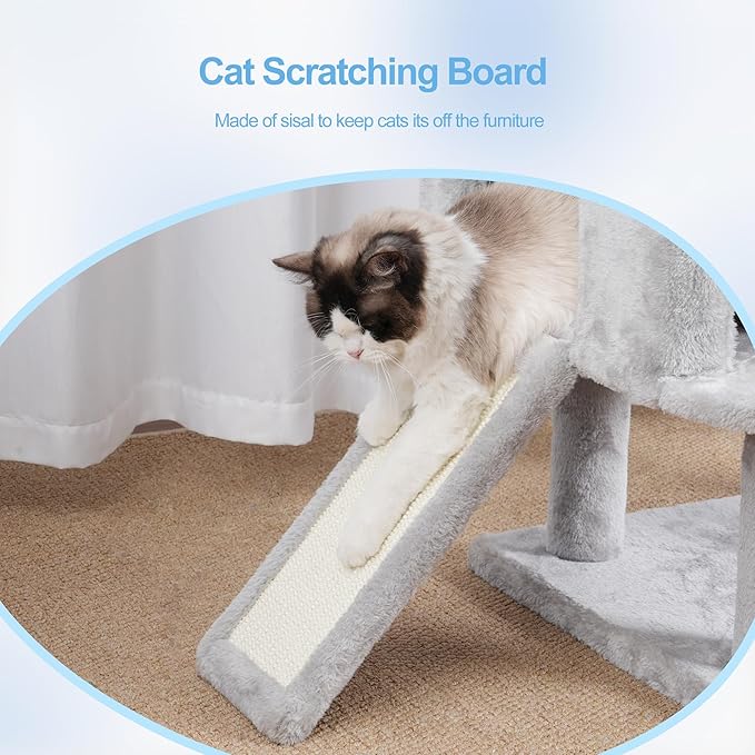 Hey-brother Cat Tree Tower, Sturdy Scratching Posts with Platform, Large Condos, Hammock, Removable Toys, Scratch Board, Multi-Level Furniture for Indoor Cats, 59.0 or 72.8 Inches, Light Gray MPJ055W