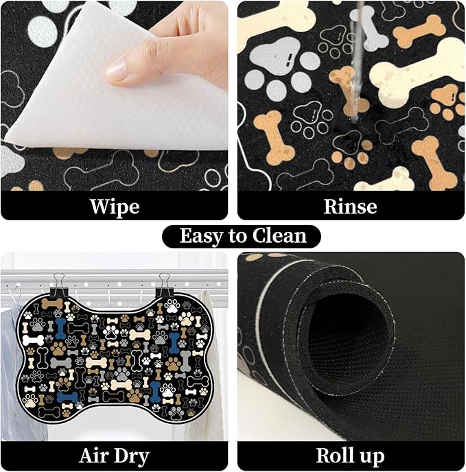 Dog & Cat Food Mat Bone Shaped Pet Feeding Mat Quick Absorb Water Bowl Placemat with Rubber Backing Indoor Floor Stain Resistant Pet Accessory Supplies (Black, 12x24 Inches)