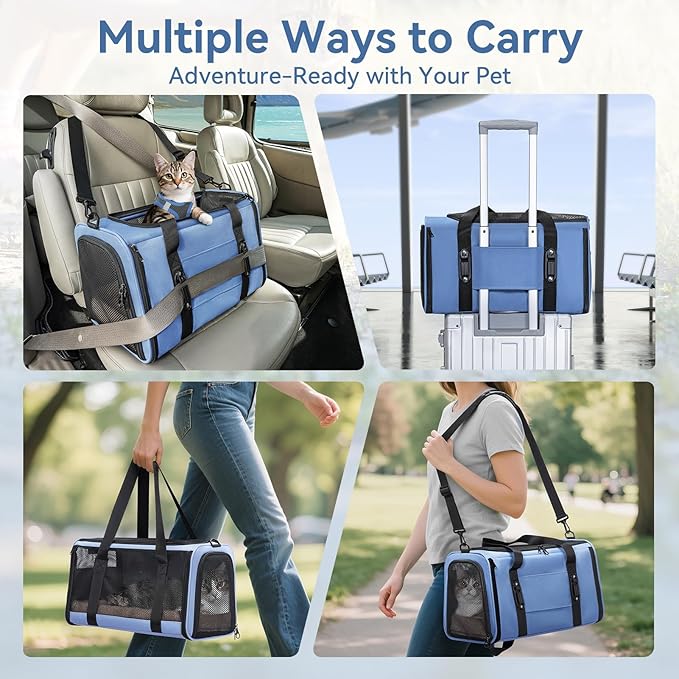 PETSFIT Cat Car Carrier for Small/Medium Cats Dogs, 18"x11"x11" Airline Approved Cat Carrier, with Patent Safety Buckles and Escape-Proof Zipper - Safeguarding Car Travel, Airplane, Vet, Outdoor