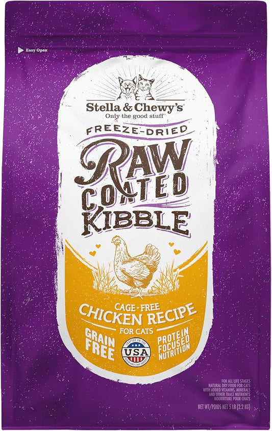 Stella & Chewy's Raw Coated Cat Food - High Protein, Grain-Free Kibble with Cage-Free Chicken - Premium Digestive Support with Probiotics - Natural Small Kibble - Perfect For Picky Eaters - 5 lb Bag
