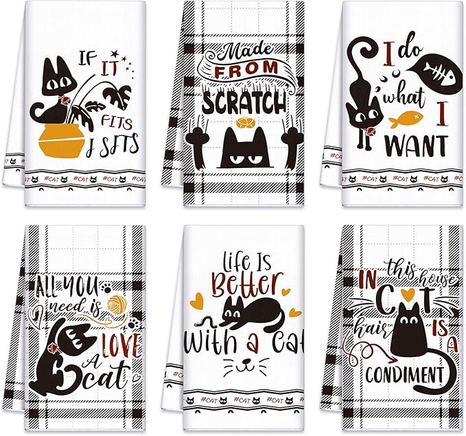 Redbaker 6 Pcs Black Cat Theme Kitchen Towels Funny Dish Towel Black White Kitchen Hand Dishcloth Kitty Decorative Tea Dishcloth with Hanging Loop for Cat Lover Bathroom Home Housewarming Gift
