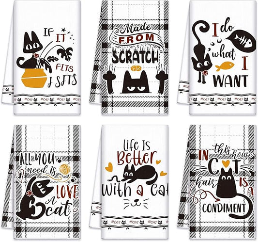 Redbaker 6 Pcs Black Cat Theme Kitchen Towels Funny Dish Towel Black White Kitchen Hand Dishcloth Kitty Decorative Tea Dishcloth with Hanging Loop for Cat Lover Bathroom Home Housewarming Gift