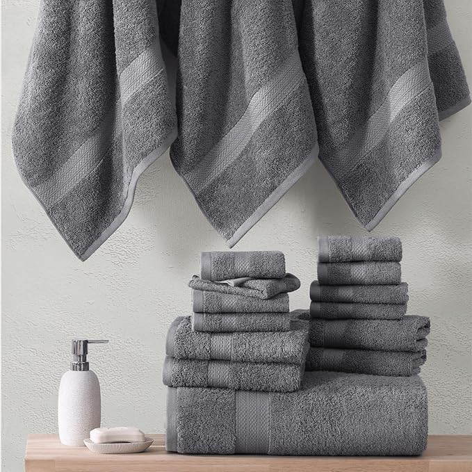 Lane Linen 100% Cotton Luxury Bathroom Towel Set - 6 Pcs - RingSpun, QuickDry, Very Soft & Highly Absorbent - 2 Large Bath Towels, 2 Washcloths, 2 Hand Towels - Pre Shrunk & Fade Resistant - Cool Grey