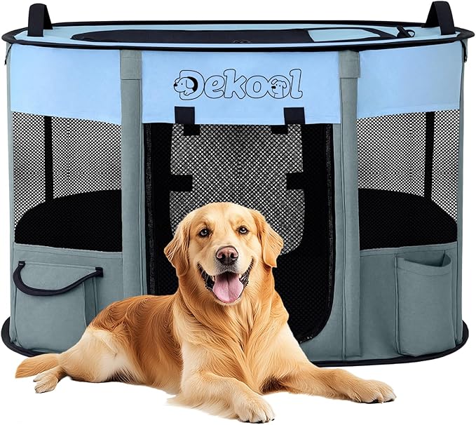 Foldable Dog Cat Playpen, Portable Dog Crate for Puppies, Cat, Puppy Play Pen for Indoors, Kennel Tent Crate for Indoor Outdoor Travel Camping Use with Carrying Case (Blue, L)