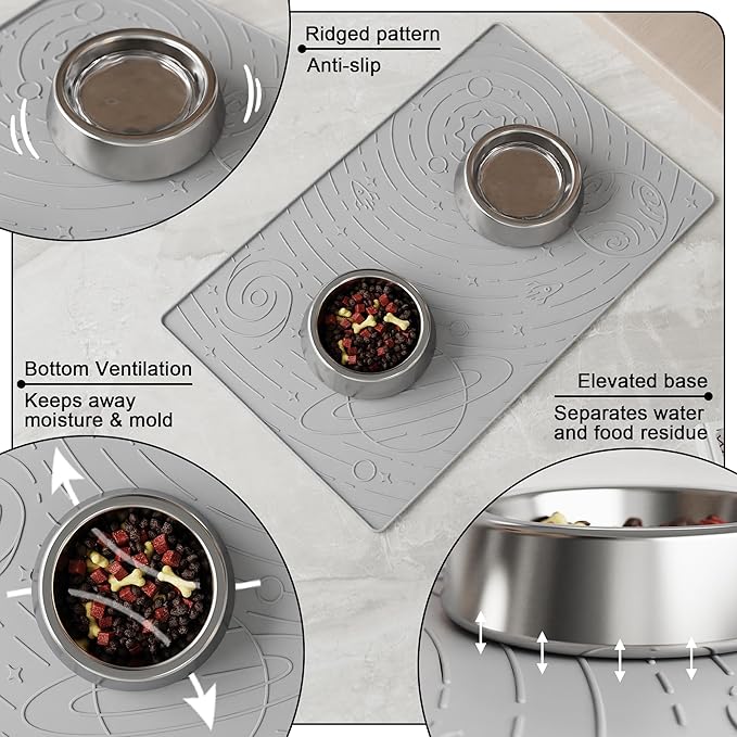 OHMO Dog Food Mat, Silicone Waterproof Cat Food Mat, Non-Skid Spill Proof Pet Feeding Mat for Food and Water, Easy to Clean Dog Placemat(Ash, 18.9" x 11.8")
