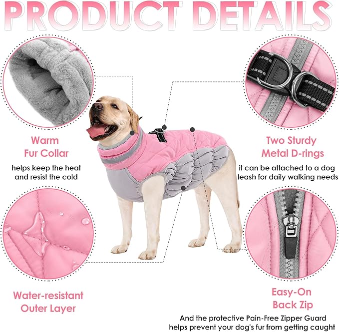 AOFITEE Dog Coat, Warm Dog Winter Coat, Reflective Cold Weather Dogs Puffer Jacket with Harness Built in, Waterproof Pet Fleece Vest Snowsuit for Small Medium Large Dogs, Pink L