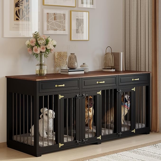 Dog Crate Furniture - Indoor Wooden Dog Kennel Furniture with 2 Dividers, 3 Drawers, and 3 Lockable Doors - 72"x23.6"x31.5"H, Black