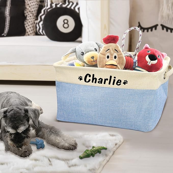 PET ARTIST Collapsible Dog Toy Storage Basket Bin with Personalized Pet's Name - Rectangular Storage Box Chest Organizer for Toys, Coats, Clothing & Accessories, Blue