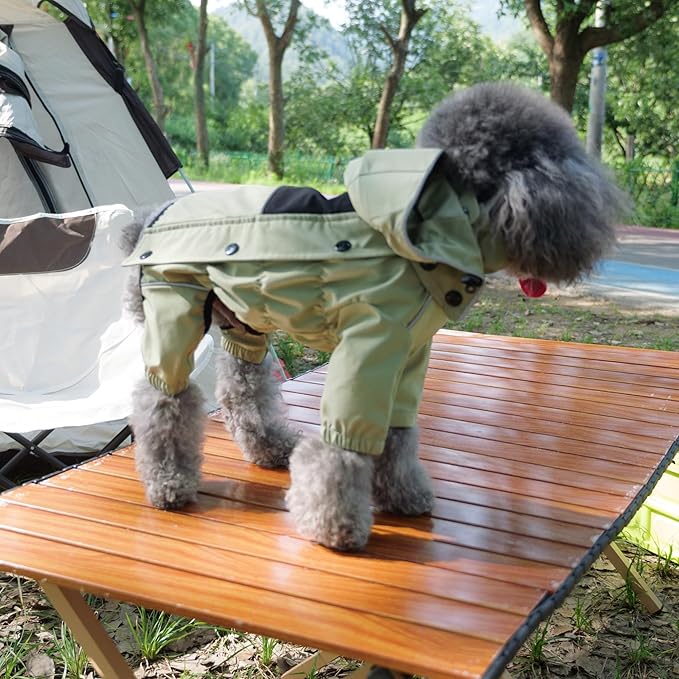LOVELONGLONG Fleece-Lined Dog Raincoat with Removable Hood – Waterproof Winter Full Body Dog Jacket – Windproof Snowproof Cold-Weather Suit – Green-F XXS