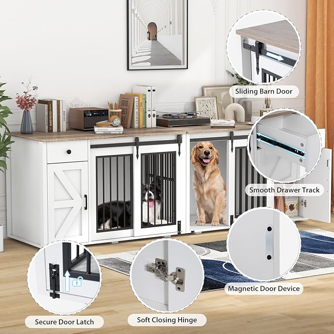 Verano Garden 88" Large Dog Crate, 2-in-1 Furniture-Style Dog Crate with Storage Drawer & Cabinet, Heavy Duty Dog Kennel Dog Cage Indoor for Small Medium Dogs, White (88.2")