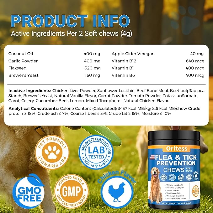 Flea and Tick Prevention for Dogs, 200 Soft Chews Natural Dog Flea and Tick Chewables Oral Flea Supplement for Dogs, Puppy Flea Support - All Breeds & Ages - Chicken Flavor