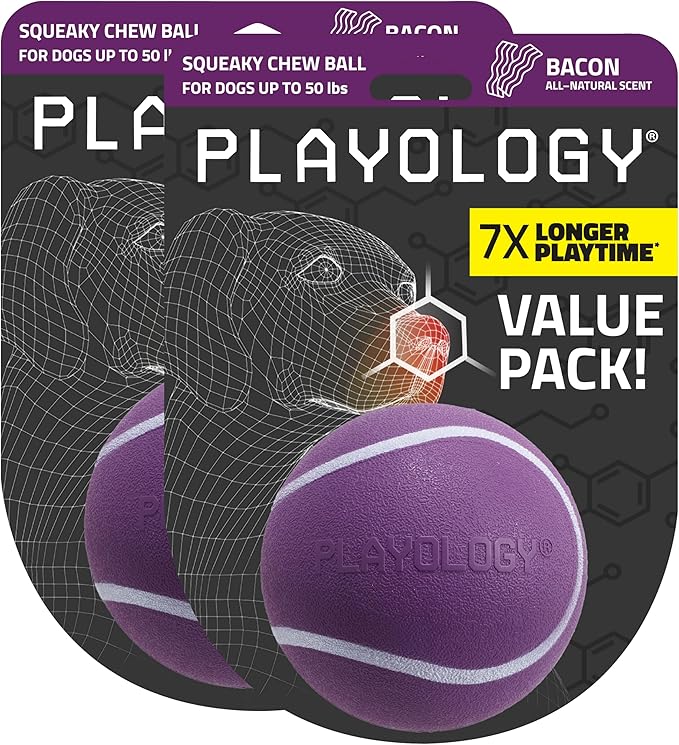 Playology Dog Toys | Squeaky Chew Ball - Bouncy Durable Floating Fetch Ball for Dogs, Value 2-Pack | Medium Bacon Scented Toy - Easy to Clean and Made from Non Toxic Materials