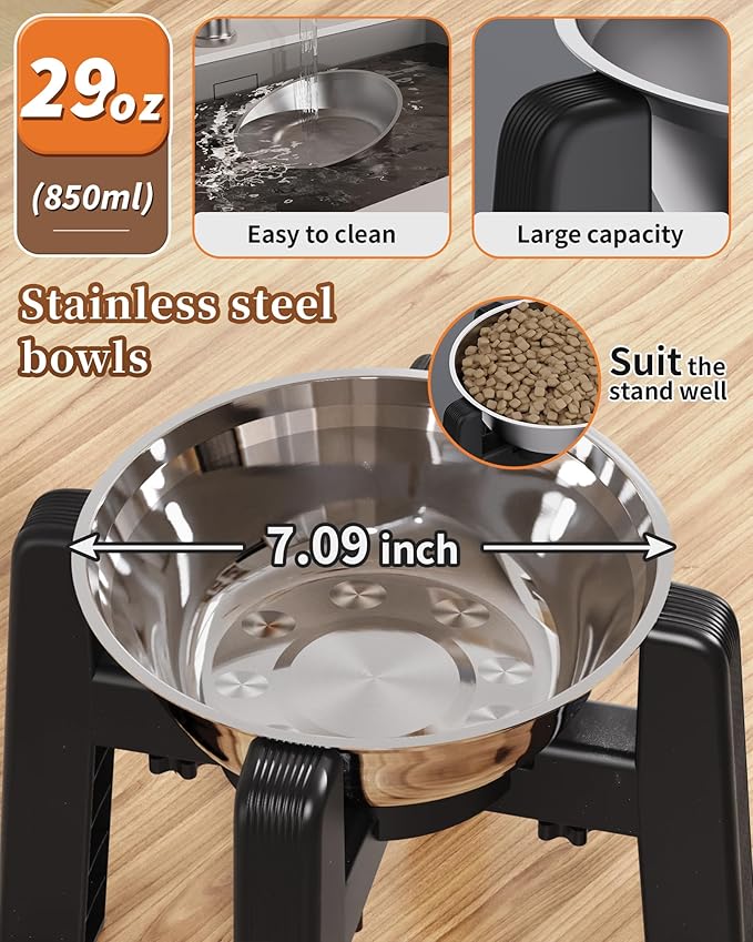 CZPET Dog Bowl Stand, 51 oz Large Capacity Raised Elevated Dog Food/Water Stainless Steel Feeder, Size Adjustable & Anti-Slip Stand for Medium Dogs (2 Pack)