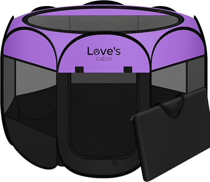 Love's cabin Pet Puppy Dog Playpen, Large Dog Tent Crates Cage Indoor/Outdoor, Portable Playpen for Cat, Foldable Pop Up Dog Kennel Playpen with Carring Case, Removable Zipper Top, Purple