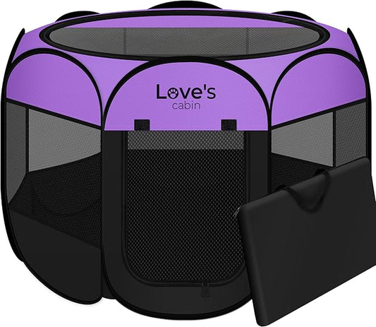 Love's cabin Pet Puppy Dog Playpen, Large Dog Tent Crates Cage Indoor/Outdoor, Portable Playpen for Cat, Foldable Pop Up Dog Kennel Playpen with Carring Case, Removable Zipper Top, Purple