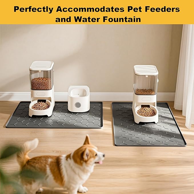 Pieviev Dog Cat Food Bowl Mat, Silicone Waterproof Food Grade Pet Food Mat for Floor, High Raised Edge to Prevent Spills, Non-Slip & Easy Clean Pet Placemat for Dog & Cat Bowls, 34''x22'', Dark Gray