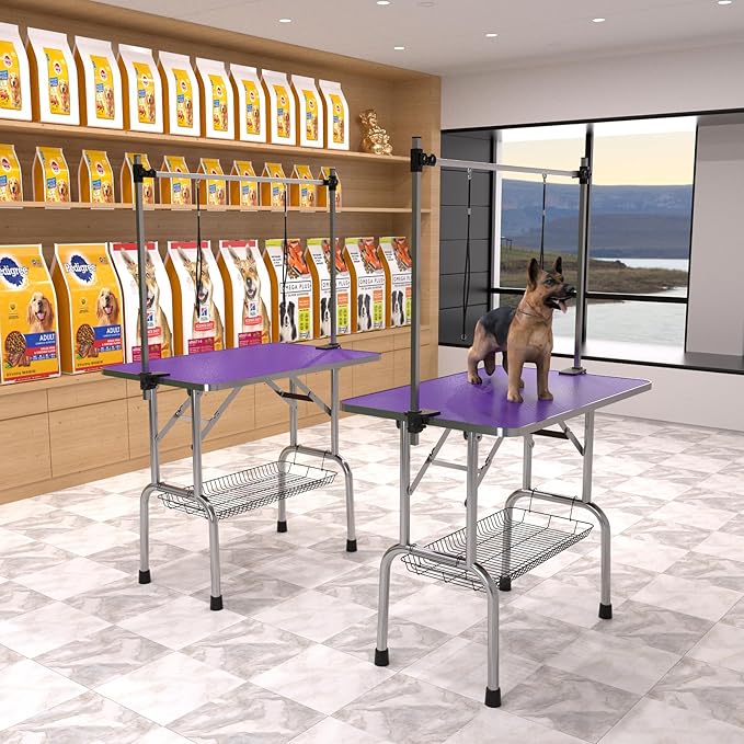 36" Dog Grooming Table Foldable Pet Grooming Tables with Adjustable Arm Noose Storage Mesh Tray Maximum Capacity Up to 330lbs Purple