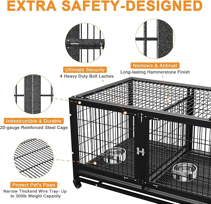 48/43 inch Heavy Duty Dog Crate for Large Dogs, Stackable Dog Kennels and Metal Wire Cages with Feeding Bowls, Leak-Proof Pans, Removable Wire Trays and Divider, Extra Large XL XXL