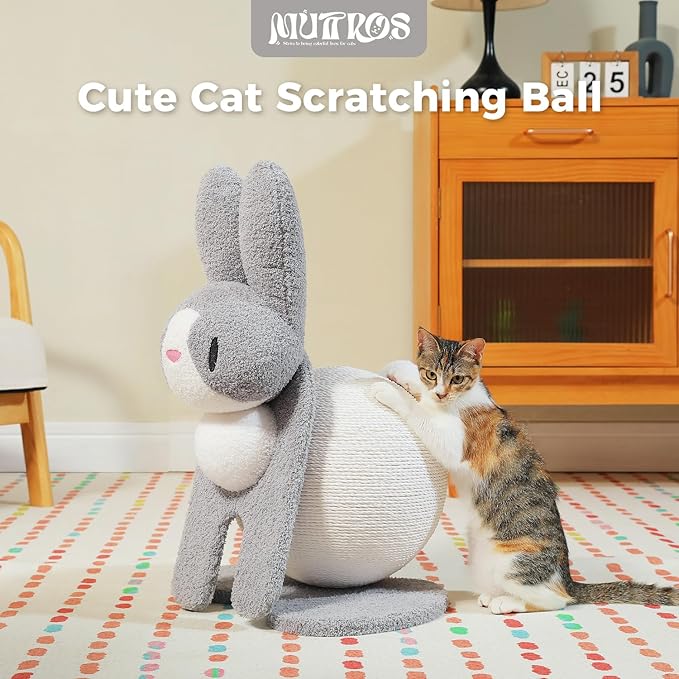 Cute Cat Scratcher- Bunny Style, Cat Scratching Post with Paper Rope, Extra Large Cat Scratch Ball (Ø11.8) for Indoor Kitten, Rabbit Scratch Ball for Kitty to Climb & Play, Gray
