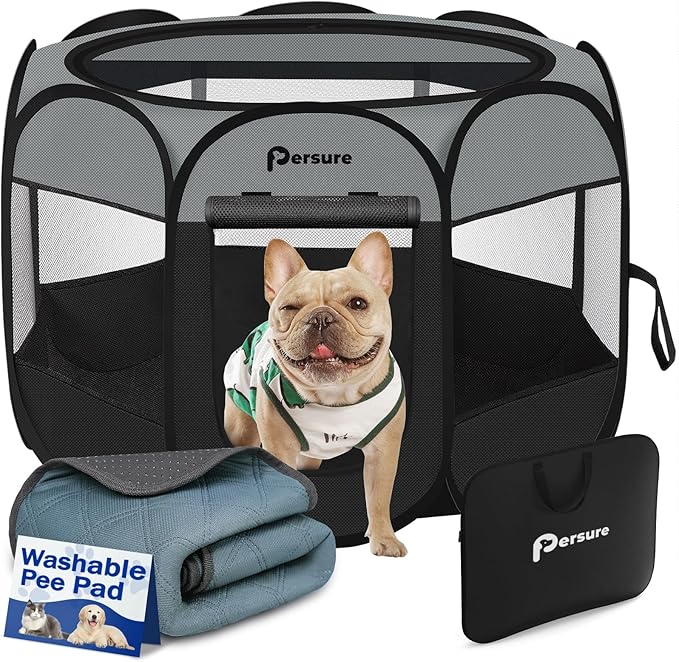 Dog Cat Playpen Indoor Outdoor for Puppy Pet Dogs Cat Recovery After Surgery, Dog Tent Crates Cage Indoor/Outdoor, Portable Pop Up Dog Kennel with Carrying Case for Travel (Dark Grey, Small with Pad)