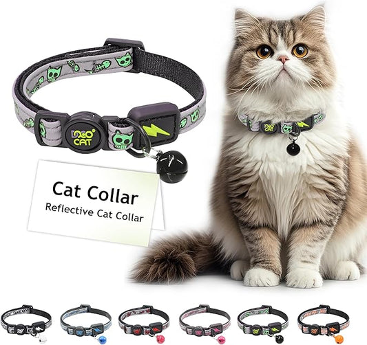DOCO Cat Collar Breakaway Safety Buckle - Reflective Kitten Collar with Bell, Adjustable Nylon Strap for Kittens & Adult Cats - Lime, Neck Girth - 3/8" x 7.5-12", Weight Up to - 13lb