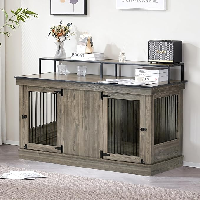 MCombo Large Dog Crate Furniture TV Stand, Wooden Pet Kennel with Double Doors, Indoor Furniture Style Dog House End Table, 1861 (Brown)