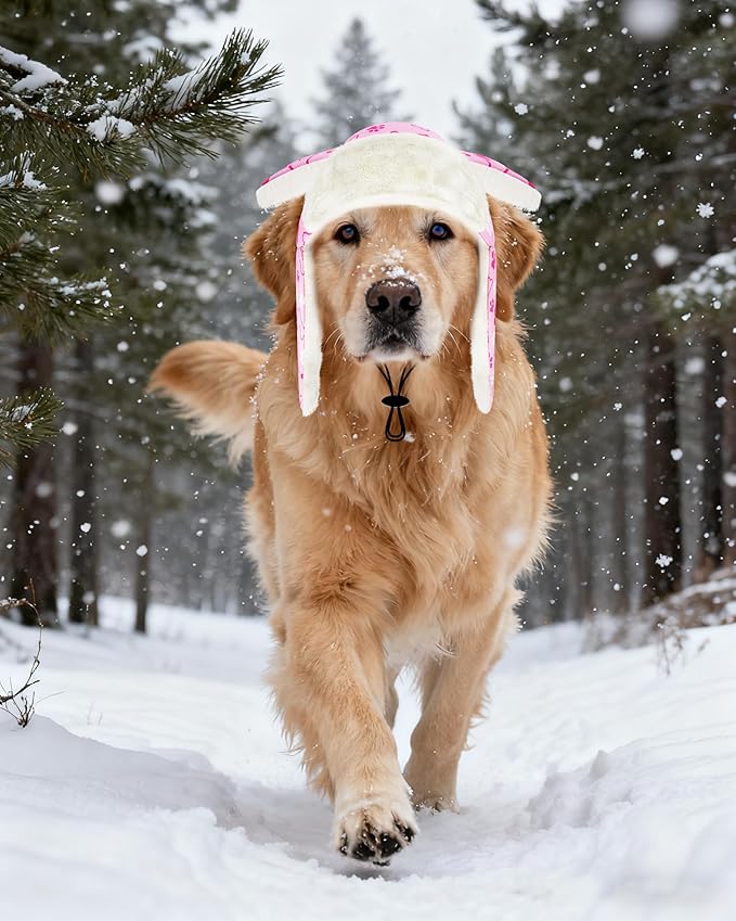 PET SHOW Dog Trapper Hat Winter Hat for Medium Large Dogs Warm Fleece Aviator Hats with Ear Flaps Adjustable Outdoor Girl Pet Pilot Costume Cap L-Pink Paw/with Ear Holes