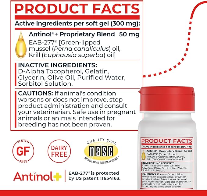 Antinol Plus, Mobility, Hip, and Joint Supplement for Cats, Green-Lipped Mussels and Krill Oil - Cat Joint Supplement, 30 Soft Gels