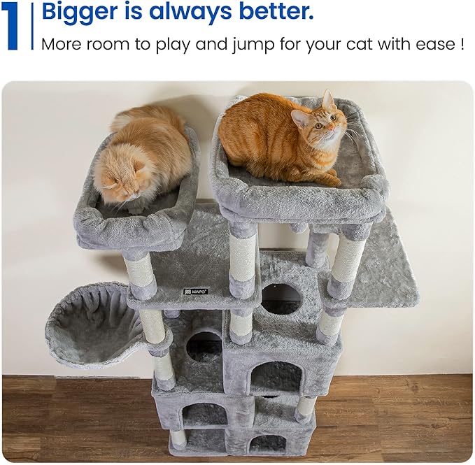 MWPO Extra Large Cat Tree - 70.1-Inch Tall Cat Tower with 3 Cat Condos, Multi-Level Cat Stand for Large Cats Featuring Scratching Posts, Padded Perches, Hammock, Dangling Toys, Light Grey